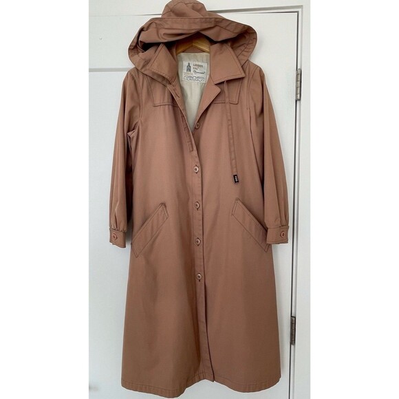 70s Vintage London Fog Maincoats Trench Coat Dusty Rose A-Line Hood Womens 8P - Picture 1 of 12